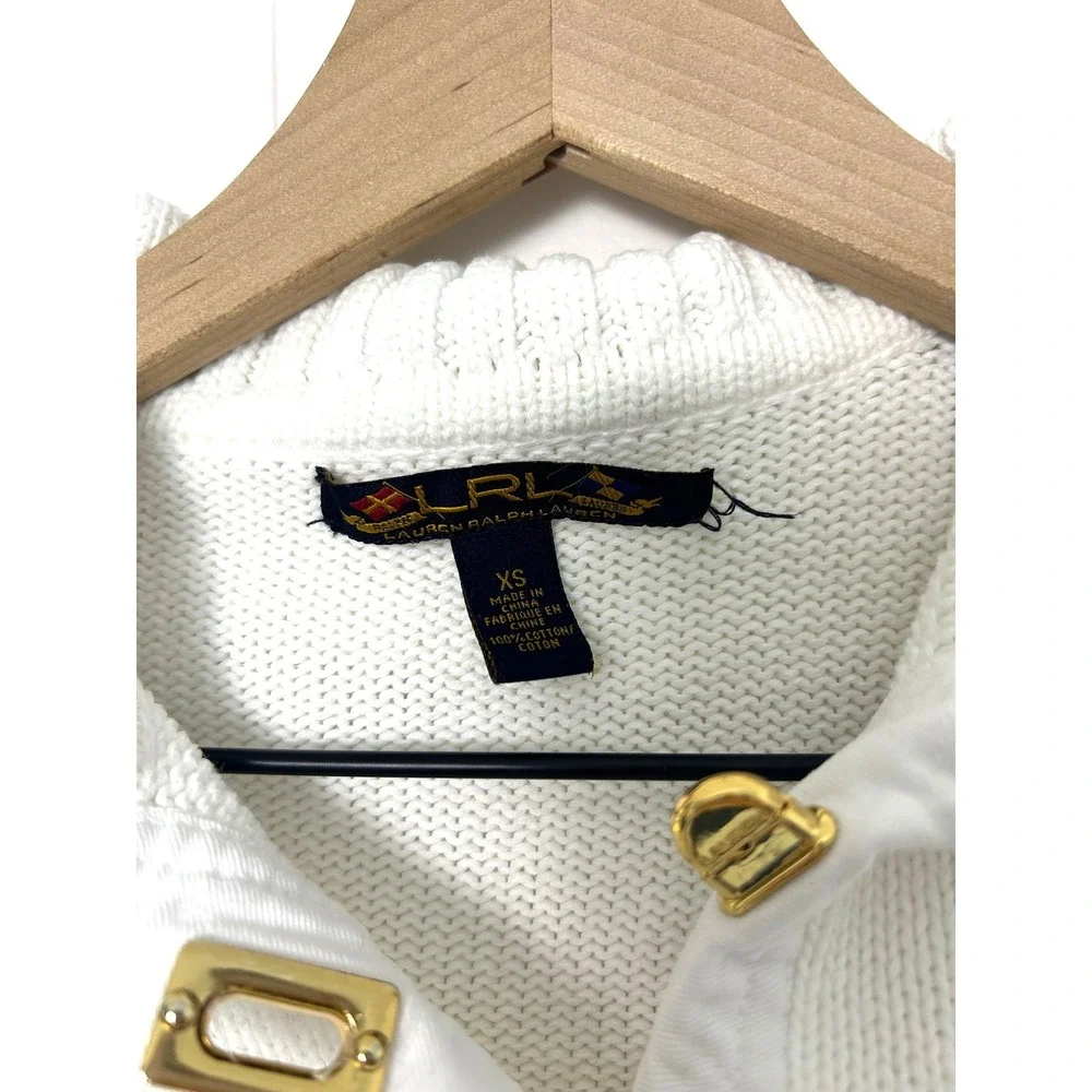 Lauren Ralph Lauren Sweater XS White Cotton Gold Hardware old‎ money equestrian